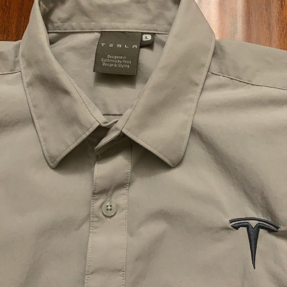 Tesla Long Sleeve Button Shirt Logo Beige L - Picture 3 of 5
